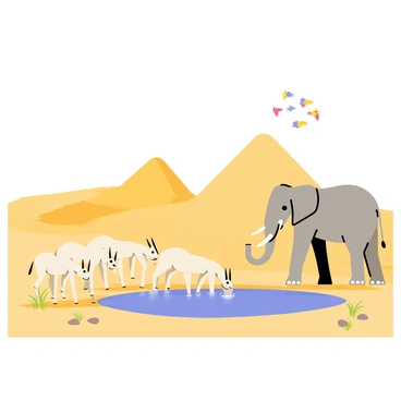 Wild animals gathered around a tiny shrinking waterhole in a desert