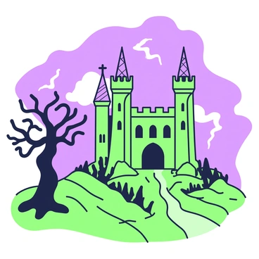 A gothic castle stands tall with pointed towers and intricate architectural details. The silhouette of the castle features arched windows and a large central entrance. Dark clouds swirl ominously in the evening sky, creating a dramatic backdrop. In the foreground, a twisted tree with gnarled branches adds to the eerie atmosphere. The landscape is rugged, with uneven terrain leading up to the castle. A sense of foreboding surrounds the scene as lightning occasionally illuminates the sky in the distance.