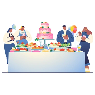 A lavish buffet table is set up, covered with a white tablecloth. The table is filled with various gourmet dishes, including an assortment of colorful appetizers arranged on elegant platters. There are bright red strawberries dipped in chocolate, vibrant green cucumber slices with creamy dips, and a variety of cheeses in different shapes and sizes. Decorated around the dishes are fresh herbs and small edible flowers. 

In the center, a large cake stands tall with intricate frosting decorations in shades of pink and gold. Colorful decorations, such as balloons and garlands, are draped around the table, adding to the festive atmosphere. Crystal serving utensils glisten in the light, and several small candles in glass holders provide a warm glow. Guests are mingling nearby, admiring the spread and chatting enthusiastically about the feast before them.