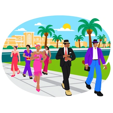 A group of people dressed in vibrant 1920s retro fashion strolls along a lively Art Deco promenade. The men wear sharp suits with wide lapels and stylish fedoras, while the women don flapper dresses adorned with sequins and fringe. Some women accessorize with feathered headbands and pearl necklaces. The promenade features elegant geometric patterns in the pavement, lined with tall palm trees swaying gently in the breeze. In the background, artfully designed buildings showcase intricate Art Deco details and bold colors. The sun casts a warm glow, highlighting the cheerful atmosphere of the scene.