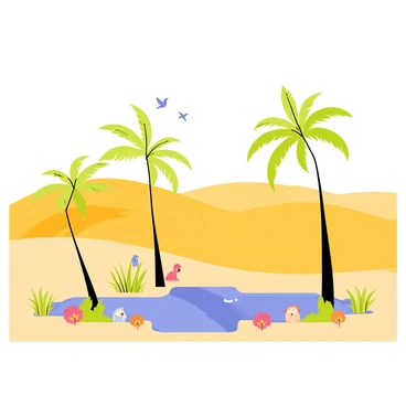 A tranquil oasis in the middle of a vast desert with golden sand dunes stretching in all directions. The oasis features several tall green palm trees with long fronds gently swaying in the breeze. A small pond sits at the center, its surface reflecting the clear blue sky. Colorful flowers bloom around the edges of the pond, adding vibrant spots of color to the scene. Birds can be seen flying above, and small animals are lounging in the shade of the palm trees.