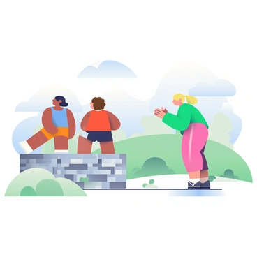 Three friends are in a park taking turns doing step-ups on a low wall made of gray stone. The first friend, with short black hair and wearing a blue tank top and orange shorts, is mid-step with one foot on the wall. The second friend, with curly brown hair and dressed in a red t-shirt and black leggings, is waiting beside the wall, clapping and encouraging. The third friend, with long blonde hair in a ponytail, is standing at the opposite end, wearing a green sweatshirt and pink joggers, preparing to take her turn. The background shows green grass and a few trees scattered around under a clear blue sky.