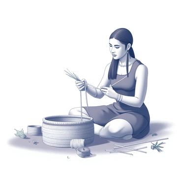 A Taino woman is seated on the ground, focused on her task of weaving a basket. She has long, dark hair tied back and is wearing traditional attire that reflects her cultural heritage. In her hands, she holds long strands of natural fibers, skillfully interlacing them to create intricate patterns. The surface she is working on is made from woven reeds, and there are additional coils of fiber scattered around her, indicating the process of basket-making. Surrounding her are elements of the natural environment, including leaves and small plants, highlighting her connection to nature.