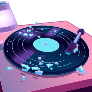 A black vinyl record lying flat on a wooden surface, showcasing visible scratches and scuff marks across its glossy surface. The grooves are deeply etched, indicating heavy use, and a few small cracks are evident along the rim. There is a stylus positioned on the record, with sound waves visually represented around it, suggesting a crackling sound. A soft glow from a nearby lamp reflects off the record, highlighting its imperfections and adding a warm ambiance to the scene.