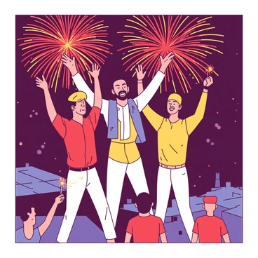 A group of five men is gathered in a celebratory stance on a rooftop, with one man in the center, wearing a traditional outfit and a wide grin, embodying the leader, "Gabbar." They are all raising their arms in triumph. The night sky is illuminated by vibrant fireworks bursting in shades of red and yellow, creating a festive atmosphere. Below the rooftop, there are distant silhouettes of buildings, and a few sparklers are held in the hands of some gang members, adding to the joyous scene.