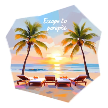 A travel voucher featuring a scenic beach view that captures the essence of relaxation and vacation. In the foreground, there are several comfortable sunbeds positioned on the warm, golden sand. Surrounding the sunbeds are tall, lush palm trees that sway gently in the breeze, their green fronds providing shade. The ocean stretches out in the background, with gentle waves lapping at the shore, while the sun sets on the horizon, casting a warm, golden glow across the scene. "Escape to paradise" is elegantly displayed at the top, inviting viewers to envision their perfect getaway.