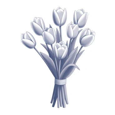 A bouquet of mixed tulips arranged prominently. The tulips are in various shapes and sizes, with some displaying closed buds while others are fully open, showcasing their delicate petals. The stems are long and slender, tied together at the base with a textured ribbon. The bouquet is held upright, allowing the viewer to see the distinct features of each flower, including the smooth surface of the petals and the contrasting shapes.