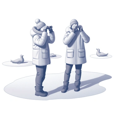 Two scientists standing on a smooth, icy surface. They are dressed in warm, insulated clothing, featuring puffy jackets and hats to protect against the cold. Each scientist is holding a pair of binoculars up to their eyes, intently observing the wildlife in the distance. The scene is set in a stark, cold environment, with the icy terrain stretching out around them. In the background, indistinct shapes of wildlife, such as distant birds or seals, can be seen. The atmosphere conveys a sense of exploration and scientific inquiry.
