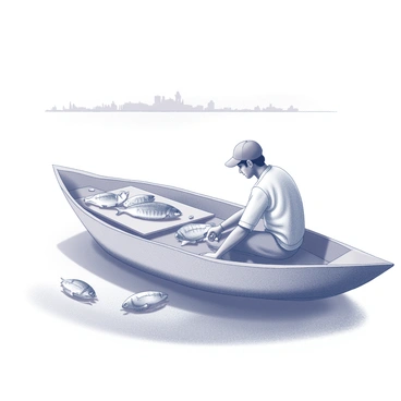 A fisherman is sitting on a small boat, engaged in the task of sorting his catch. He is surrounded by various fish displayed on a wooden plank, as he separates the larger ones from the smaller. The boat is gently bobbing on the water, which has pieces of floating garbage scattered around, contrasting with the natural environment. The fisherman wears a simple, traditional outfit, with a cap shielding his head. In the background, the riverbanks are lined with faint silhouettes of distant structures, hinting at the bustling life along the Ganges.