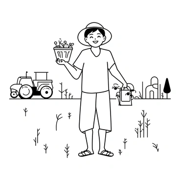 An Indian boy is working on a family farm, standing in a field surrounded by crops. He is wearing a simple shirt and loose trousers, with a straw hat to shield him from the sun. In one hand, he holds a basket filled with freshly picked vegetables, while his other hand is reaching down to pull weeds from the ground. In the background, there are several farm structures, such as a barn and a tractor, along with a few trees lining the edge of the field.