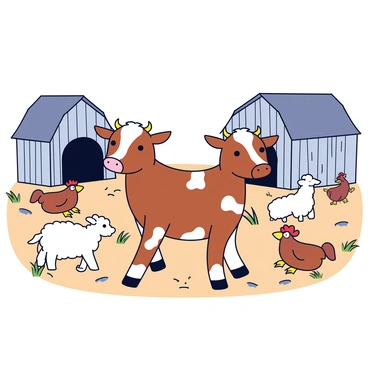A two-headed calf standing in the center of a rustic barnyard. The calf has a brown and white spotted coat, with two distinct heads that are both gazing around. Surrounding the calf are various farm animals including a fluffy white sheep, a small brown goat, and a couple of chickens pecking at the ground. In the background, there are wooden barn structures with weathered gray planks and some hay scattered on the ground. A few green blades of grass peek through the dirt near the animals.