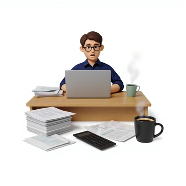 A person with short brown hair and glasses, wearing a blue dress shirt, is sitting at a wooden desk. They have a look of stress on their face, with furrowed brows and pursed lips. Surrounding them are piles of tax documents, some stacked neatly while others are scattered chaotically. A sleek black calculator is placed beside a silver laptop that is open with spreadsheets visible on the screen. A steaming cup of coffee sits nearby, adding to the atmosphere of urgency.