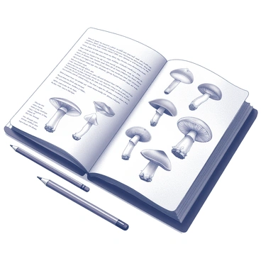 An open sketchbook lying flat on a wooden table. The pages are filled with various hand-drawn illustrations of mushrooms in different shapes and sizes. Among the illustrations, there are detailed notes written in cursive script, describing each type of mushroom, along with observations and characteristics. The sketchbook has a slightly worn appearance, indicating it has been used often. A pencil rests beside the sketchbook, hinting at the ongoing creative process.