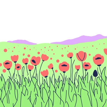 A sweeping view of an expansive field dominates the scene. The field is filled with numerous red poppies that are swaying gently in the breeze. Each poppy has delicate petals showing their form clearly. In the foreground, the grass is lush and green, complementing the bright poppies. In the distance, a gentle rise of land can be seen, adding depth to the landscape. The sky above is clear and expansive, contributing to the openness of the scene.
