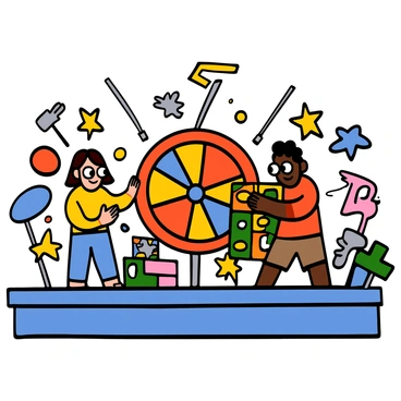 A vibrant game show stage with bright colored lights and an energetic atmosphere. There are two contestants on the stage facing different challenges. The first contestant is a light-skinned woman with big eyes, wearing a yellow shirt and blue jeans, standing next to a large spinning wheel challenge. The second contestant is a dark-skinned man with big eyes, wearing a red shirt and khaki shorts, engaged with a puzzle board challenge. Various props and game-related decorations surround them, creating an exciting environment.
