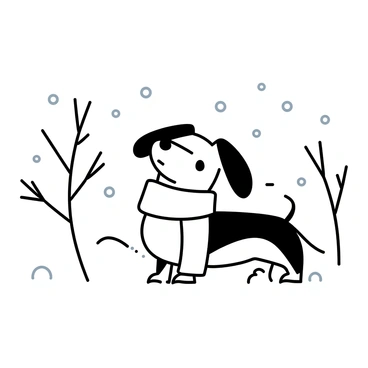 A dachshund with long ears and a slender body is bundled up in a fluffy scarf, which wraps snugly around its neck. The dog is standing in a snowy landscape, with snowflakes gently falling around it. Fluffy snow covers the ground, creating a soft white blanket. In the background, bare trees with branches dusted in snow are visible, enhancing the winter atmosphere. The dachshund's expression is curious, with its head slightly tilted as it looks around the serene scene.