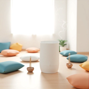 A modern air purifier, sleek and white, is positioned on a wooden floor in a spacious meditation area. Surrounding it, there are several colorful cushions in various shapes and sizes, arranged neatly on the floor. The cushions are in shades of blue, green, and orange, providing a comfortable seating arrangement. Nearby, several incense sticks are placed in a decorative holder, with wisps of smoke gently rising into the air. The soft glow of natural light filters through a window, casting a peaceful ambiance over the scene.