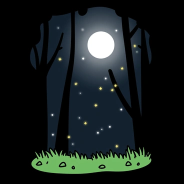 A dark forest scene illuminated by bright moonlight streaming through the branches. The trees are tall and slender, silhouetted against the night sky. Small, glowing fireflies are scattered throughout the air, creating a magical effect as they flicker around. The ground is covered with lush green grass and scattered leaves, and the moon is full, casting a gentle light over the entire scene.