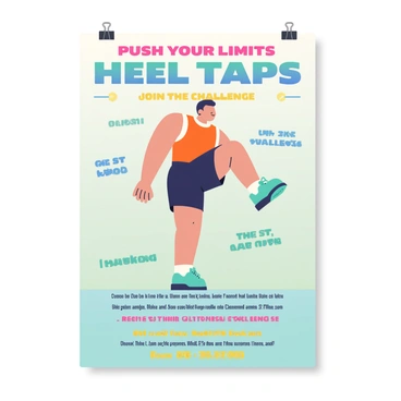 A fitness challenge poster is prominently displayed. The background consists of a soft gradient transitioning from light blue at the top to soft green at the bottom. In the center, there is an illustration of a person performing "heel taps." The person has a toned physique, wearing a bright orange tank top and black shorts, demonstrating the exercise with one leg raised and the corresponding hand reaching down towards the heel. Surrounding the central figure, there are motivational phrases like "Push Your Limits" and "Join the Challenge" in bold, colorful fonts. At the bottom of the poster, there is space for details about the challenge dates and registration information, presented in a clear, easy-to-read format.
