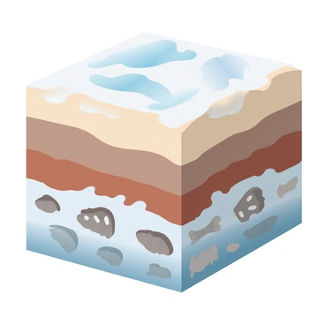 A cross-section of Earth's layers is displayed, showing distinct strata of soil and rock with varying colors and textures. Below the surface, several fossilized dinosaur remains are embedded in the sediment, showcasing bones and claw impressions. The fossils are surrounded by layers of clay and silt, with some larger fragments of bones partially protruding. The scene captures the intricate details of the geological formations above the fossils, illustrating the natural history of the area.