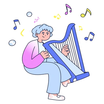 A silhouette of an ethereal figure is positioned gracefully, playing a harp. The figure has flowing lines that suggest movement and lightness. Surrounding the figure are colorful musical notes that swirl and float in the air, creating a sense of rhythm and melody. The harp is detailed with simple patterns, and the figure's hands are delicately positioned on the strings.