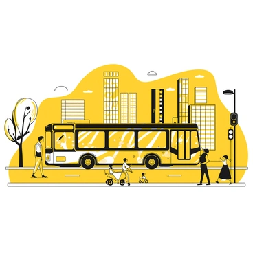 A new bus moving along a city street in downtown, its body covered in various advertisements featuring bright graphics and text. The bus has large windows that reflect the surrounding buildings and people. It is surrounded by pedestrians walking on the sidewalk, some waiting at a bus stop. Skyscrapers tower in the background, and traffic is present with cars and bikes. A street lamp and trees line the road, adding to the urban scene.