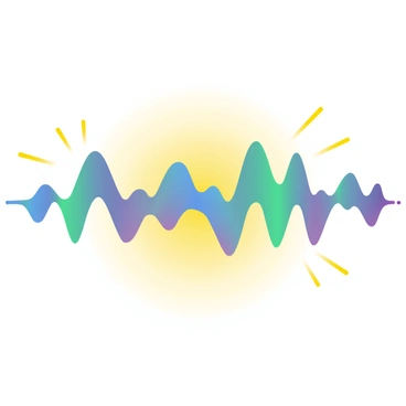 A series of vibrant sound waves in various shades of blue, green, and purple are visually rippling across a soft gradient background. The waves have distinct peaks and troughs, creating a sense of movement and energy. The background shifts gently from a bright yellow at the bottom to a deep orange at the top, enhancing the dynamic quality of the sound waves. Each wave appears to be emanating from a central point, with radiating lines that suggest the transmission of sound through the air.
