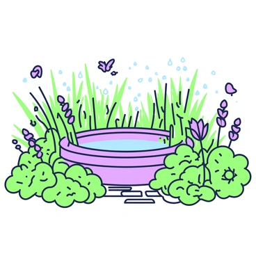 A rain garden is depicted with various plants thriving in vibrant abundance. In the center, there is a large basin collecting rainwater, surrounded by a diverse range of lush plant life that includes tall grasses and flowering shrubs. The foliage features intricate textures and shapes, creating a dynamic landscape. A pathway made of stones leads through the garden, guiding the viewer's eye around the vibrant greenery. Small droplets of water are visible on the leaves, indicating recent rainfall. A few butterflies are fluttering among the flowers, adding to the lively scene.