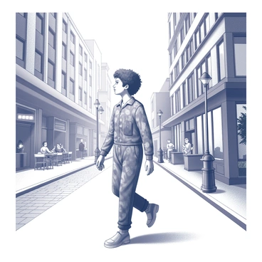 A young person is walking along a city street. They are wearing a jumpsuit with a modern design featuring various patterns. The street is lined with tall buildings, showcasing large windows and distinct architectural features. People can be seen in the background, engaged in various activities. Streetlights and outdoor seating areas add to the lively atmosphere. The ground is paved with bricks, and there are trees and plants interspersed along the path.