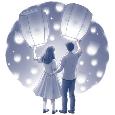 A couple stands side by side, each holding a lantern. The lanterns are round and made of paper, with intricate designs skimming their surfaces. The couple gazes upward, watching as their lanterns ascend into the night sky. The surrounding atmosphere is filled with other glowing lanterns, creating a visual display of light against the dark backdrop. The couple is dressed in festive attire, with the woman wearing a flowing dress that catches the light and the man in a casual shirt and trousers. Their hands are gently intertwined, adding a sense of connection as they share this moment together.
