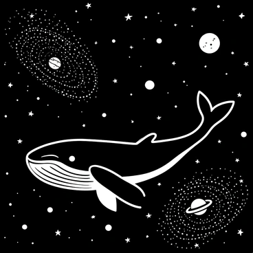 A giant whale with a streamlined body swimming through a vast expanse filled with stars and celestial bodies. The whale's silhouette is prominently outlined against the backdrop of swirling galaxies and distant planets. Tiny stars twinkle in various formations, creating a sense of depth and infinity. Some cosmic dust trails extend from the whale’s fins, adding a sense of movement and wonder across the night sky.