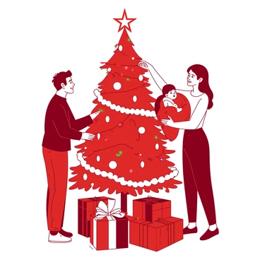 A festive scene of a family decorating a Christmas tree with their baby.