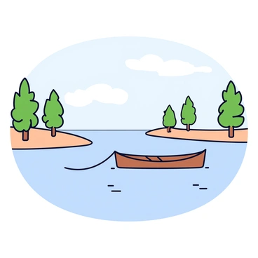 A serene riverside view featuring calm water reflecting the sky. There are several trees with green leaves lining the bank, providing shade and a natural frame. A small wooden boat with a simple design is gently floating on the water, tethered by a thin rope. The scene captures the tranquility of nature with soft ripples on the surface of the river.