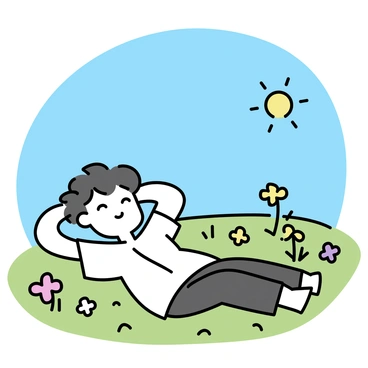 Ayanokoji, wearing a casual white shirt and dark pants, is lying comfortably in a meadow. The meadow is filled with a variety of colorful wildflowers, including yellow daisies, purple clovers, and white blossoms, swaying gently in a light breeze. Above him, the sky is clear and blue, with the sun shining brightly, casting soft shadows on the ground. Ayanokoji has his hands placed behind his head, looking relaxed and contemplative as he gazes up at the open sky.