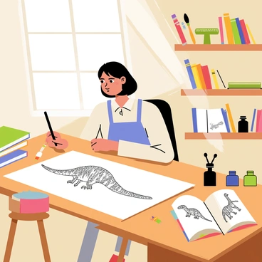 An artist sitting at a wooden drawing table, sketching a detailed dinosaur illustration on a sheet of paper. The artist has short black hair and is wearing a light blue apron. Sunlight pours in through a large window, illuminating the workspace. Surrounding the artist, there are stacks of colorful reference books about dinosaurs, with some open to pages featuring various species. The studio has wooden shelves lined with art supplies, brushes, and jars filled with ink. The scene captures a sense of creativity and focus.