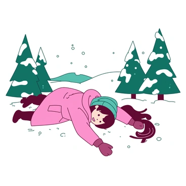A girl wearing a pink winter coat and matching gloves is lying on her back in a blanket of white snow, moving her arms and legs to create a snow angel. She has dark hair peeking out from under a teal knitted hat. Around her, tall evergreen trees are covered in a thick layer of white snow. Fluffy snowflakes are gently falling from the sky, creating a serene atmosphere in the winter wonderland. In the background, there are small hills that also have a crisp white covering of snow.