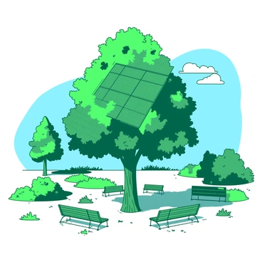 A large green tree-shaped solar panel installation stands tall in the center of a public park. The solar panels are arranged to mimic the leaves and branches of a tree, casting dappled shadows on the ground below. Surrounding the installation, there are several park benches where visitors can sit and enjoy the shade. In the background, there are patches of vibrant grass and a few smaller trees. The sky is a bright blue, creating a contrast with the green of the solar panel tree.