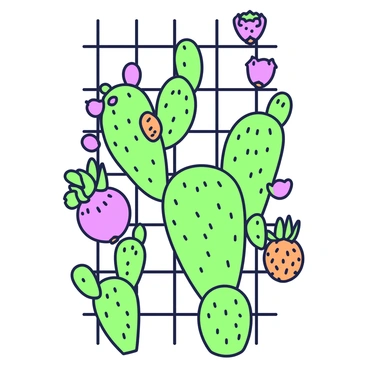 A trellis is prominently positioned in the center of the image, fully covered in climbing dragon fruit cacti. The cacti display elongated, sturdy green stems that twist and climb upward along the trellis. Large, vibrant blossoms are scattered among the stems, exhibiting a unique shape, while various dragon fruit are visible, showcasing their bright, spiky exterior. The fruits hang from the cacti, adding an interesting texture and dimension to the scene. The background is a soft grey, emphasizing the vivid details of the trellis and its colorful occupants.
