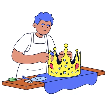 A jeweler wearing a white apron stands at a wooden workbench. The jeweler is carefully setting various gemstones into a new royal crown. The crown is golden and ornate, featuring intricate patterns and curves. The gemstones being set include a large red ruby, several blue sapphires, and small green emeralds. Nearby, there are tools such as tweezers and a small hammer, and a velvet cloth is spread out beneath the crown. The jeweler's focused expression indicates concentration on the task at hand.