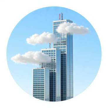 A corporate ladder constructed from a series of modern office buildings, each uniquely designed with glass facades and steel frames. The buildings are arranged in a vertical formation, with the lowest one featuring a wide base and progressively tapering as they ascend. The scene is set against a bright blue sky, with fluffy white clouds surrounding the upper parts of the buildings. Each building has visible windows reflecting the light, and there are antennas and signage on their rooftops. The overall composition gives the impression of a pathway leading upward into the clouds.