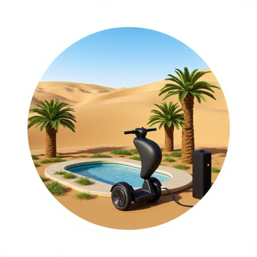 A Segway with a sleek design is parked at a small oasis. The oasis features a small pool of clear blue water surrounded by lush green palm trees. The desert landscape stretches endlessly in the background, with golden sand dunes rising and falling under a bright blue sky. The sunlight casts sharp shadows, creating a contrast between the vibrant oasis and the arid environment surrounding it. The Segway is plugged into a charging station, with a visible charging indicator light glowing.