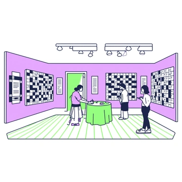 An exhibition room is filled with giant crossword puzzles displayed prominently on the walls. Each puzzle is composed of large black and white squares, forming intricate patterns of letters. The room features polished wooden floors that reflect the light from overhead fixtures. In the center, there are several round tables with green tablecloths, and scattered across them are green and purple pens for visitors to use. Along the sides of the room, there are informational plaques providing context about each crossword puzzle and its creator. An open doorway at one end leads to another area, and a few visitors are seen engaged, writing answers on the puzzles.