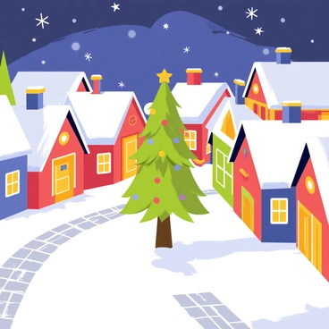 A quaint village covered in a thick layer of white snow. The rooftops are blanketed in snow, and icicles hang from the eaves. Cozy cottages are lined up along a cobblestone street, with "Christmas lights glowing" warmly in the windows. A tall evergreen tree stands in the center of the village square, adorned with colorful ornaments and more glowing lights. Snowflakes gently fall from a twilight sky, completing the picturesque winter scene.