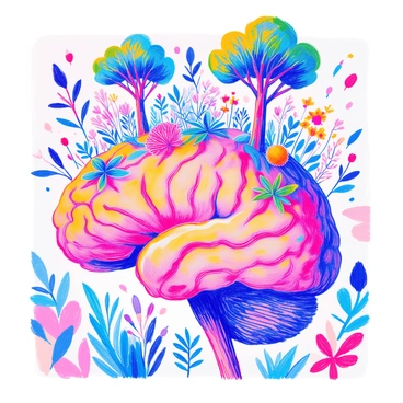 A brain with trees and plants growing, symbolizing growth and ideas