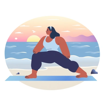 A woman with medium skin and long black hair is practicing yoga on a soft, sandy beach at sunrise. She is positioned in a warrior pose, showcasing her strength and balance. The ocean waves gently lap at the shore, creating a calm atmosphere. The sky is adorned with shades of orange, pink, and purple as the sun begins to rise on the horizon. Seagulls can be seen flying in the distance, and a few small rocks are scattered along the beach, adding texture to the landscape. The woman is wearing a fitted, light blue tank top and black leggings.