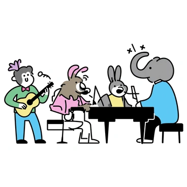 An elephant, dressed in a blue jacket, is sitting at a grand piano, playing with enthusiasm. Surrounding him is a band of animal friends; a rabbit, wearing a red bow tie, is holding a violin and playing next to the piano. A bear, dressed in a green shirt, is playing a drum set on the right side. To the left, a parrot, with vibrant feathers, is squawking into a microphone, while a monkey is strumming a guitar behind the piano. Each animal is focused on their instrument, creating a lively scene of friendship and music.