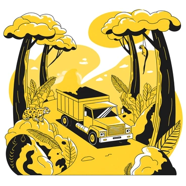 A large truck with an open cargo bed is driving along a narrow, winding dirt road in a dense jungle. Tall trees with broad leaves surround the truck, creating a thick canopy overhead. Exotic animals are present nearby, including a colorful parrot perched on a branch, a monkey swinging from a nearby tree, and a large, spotted leopard resting on a rock, observing the scene. In the background, vibrant tropical plants and flowers can be seen, adding to the lush atmosphere of the jungle. The sunlight filters through the leaves, creating dappled patterns on the forest floor.