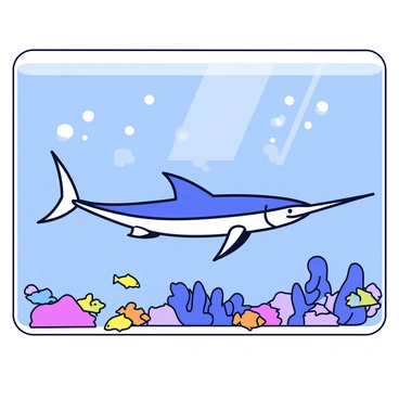A swordfish with a long, pointed bill is swimming gracefully through a large public aquarium. The aquarium is filled with clear blue water, allowing a view of the underwater environment. Colorful coral reefs line the bottom, and various small fish are darting around the swordfish. Bubbles are rising to the surface, and the sunlight filters through the water, creating shimmering patterns.