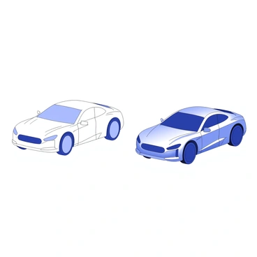 A rough sketch of a car sits on the left side of the image, showcasing visible pencil strokes and shading that highlight its basic form and structure. The car features large wheels, a curved roofline, and a prominent front grille. As the eye moves to the right, the sketch gradually transitions into a detailed, polished digital illustration of the same car. This illustration displays smooth curves and precise lines, emphasizing the car's aerodynamic design and modern features. The polished version includes sleek headlights, a refined body shape, and a shiny surface that reflects light, creating a sense of depth and realism. The background remains simple to maintain focus on the evolution of the car from rough sketch to refined illustration.