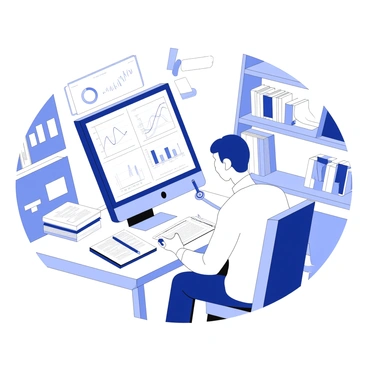 A researcher is sitting at a desk, focused on analyzing medical data on a computer. The computer screen displays various graphs and statistics, with line charts and bar graphs showing trends and results. The researcher is looking intently at the screen, with a pen in hand, taking notes on a notepad beside the computer. There are books and medical journals stacked on the desk, and a stethoscope is draped over the corner of the desk, indicating the researcher’s medical background. The room has shelves filled with scientific equipment and reference materials.